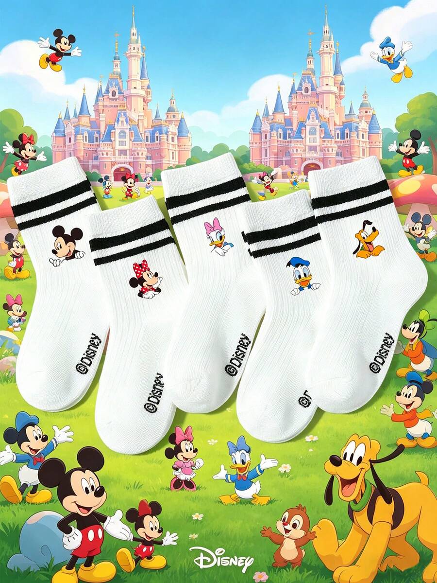 Disney 5双装迪士尼儿童袜子,白色条纹运动袜,印有蝴蝶结、小鸭、米老鼠等可爱卡通图案,适合迪士尼乐园、生日派对、节日礼物、学校、舞台表演、日常穿着,春夏四季皆宜。 - 彩色 - 查看 1