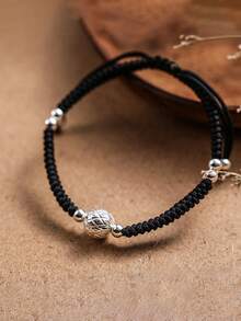 Vòng tay đôi bằng bạc S925, dây bện màu đen, có thể điều chỉnh kích thước, đính hạt may mắn, không gây dị ứng, quà tặng ngày Valentine. - màu đen - Xem 2