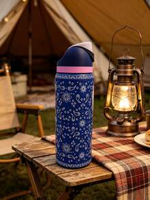 OwI Dark Blue Cashew Nut Pattern Large Capacity Stainless Steel Water Bottle, 32oz/945ml With Straw, Exquisite Look, Insulated For Hot&Cold Drinks/Iced Water, Keeps Warm For 24 Hours,For Leisure Work Sports Indoor Outdoor, Perfect Gift Choice - 寶藍色 - 查看 2