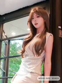 alicegarden 28-Inch Long Synthetic Wig Featuring A Natural Wavy Style In A A Stunning Brown. Designed With Bangs , This False Hairpiece Is Perfect For Ms Daily Party Cosplay Use, Offering A Natural And Natural Durable Wig Gift For Ladies. - Brown - View 2