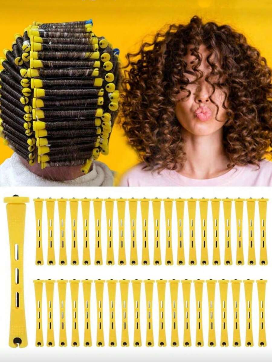 40pcs Curling Iron Set To Easily Create Natural Wavy Curls-Perfect For Personal Hair Care, A Must-Have For Salons, Beauty Trips, Back-To-School Seasons And Vacation Trips.Suitable For Long, Medium And Short Hair - Yellow - View 1
