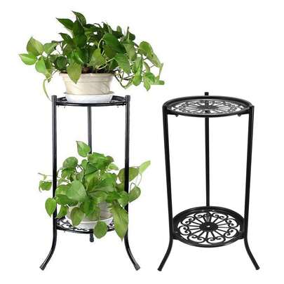 Soporte de planta de metal de 2 niveles, estantería de flores de varios niveles para interiores y exteriores, estante decorativo a prueba de óxido para balcón, jardín, patio, rincón de la sala de estar