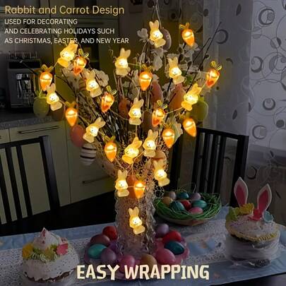 1pc LED Rabbit Carrot Shaped String Light With Glowing Eyes And Moving Ears, Battery Operated (Batteries Not Included), Suitable For Easter, Christmas, Halloween, Valentine's Day, Carnival, New Year And Birthday Party Decoration, Durable Plastic Material, Easy On/Off Switch Control, No Power Source Needed