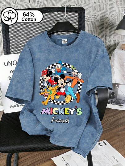 Disney 迪士尼女士休闲短袖T恤，米奇、高飞、布鲁托图案，黑白格纹边饰彩色字母印花，复古水洗效果，适合户外穿着，女士上衣，夏季服装，米奇、高飞、布鲁托图案印花
