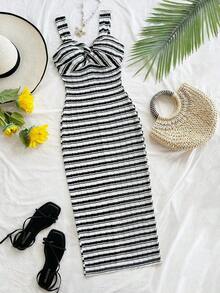 Vestido midi sin mangas a rayas en blanco y negro, diseño retorcido en pecho y abertura lateral ajustado elegante, ideal para uso diario, vacaciones y citas de primavera y verano - Multicolor 2 - Ver 5