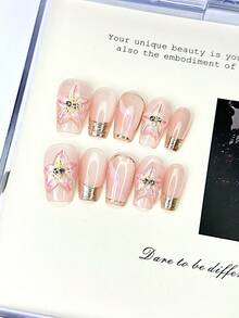 10 pièces Stickers pour ongles français à base semi-transparente rose nude avec cadre doré, décoration florale rose peinte à la main avec strass et ligne métallique, élégants et luxueux, réutilisables. Comprend 1 pièce autocollant adhésif, 1 pièce bâtonnet en bois, 1 pièce lime à ongles. Convient pour le port quotidien ou les fêtes. - Multicolore - Voir 2