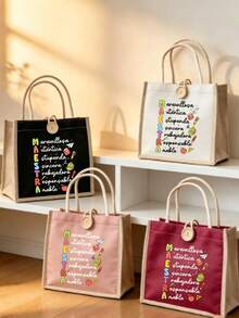 Tas Tote Motif Huruf Maestra dan Apel Aneka Warna, Tas Tote yang Dapat Digunakan Kembali, Tas Penyimpanan Kapasitas Besar yang Lucu, Tas Tangan Perjalanan Ringan - MultiWarna - View 1
