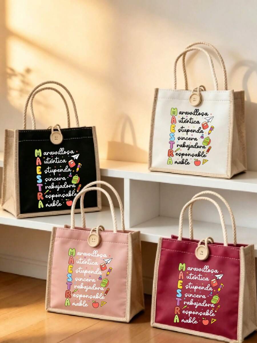 Tas Tote Motif Huruf Maestra dan Apel Aneka Warna, Tas Tote yang Dapat Digunakan Kembali, Tas Penyimpanan Kapasitas Besar yang Lucu, Tas Tangan Perjalanan Ringan - MultiWarna - View 1
