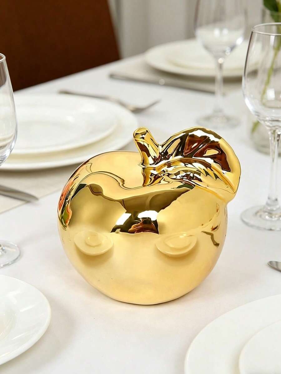 1pc Apple Shaped Ceramic Coated In Gold Decoration Home Ornaments For Living Room, Study, Wine Cabinet Decoration - Gold - View 1