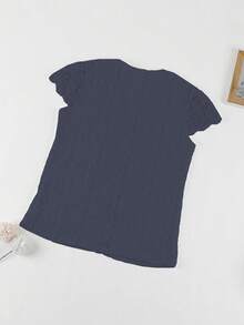 V-Neck Lace Patchwork Hollow Out Embroidery Front Button Spring/Summer Short Sleeve Top - Navy Blue - View 2