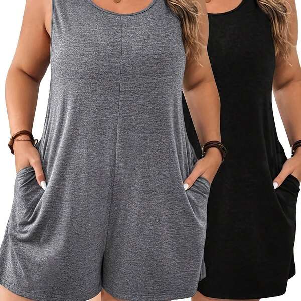 Conjunto de 2 piezas de mono para mujer talla grande - Corte holgado, cómodo y transpirable con bolsillos, perfecto para primavera/verano, uso casual | Corte relajado | Mono con bolsillos
