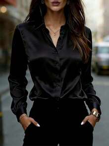 Spring Satin Notch Lapel Blouse Women Business Casual Button Down Shirt Office Work Blouses For Women Dressy Cute Going Out Tops 2026 Fashion Clothes - 黑色 - 查看 1