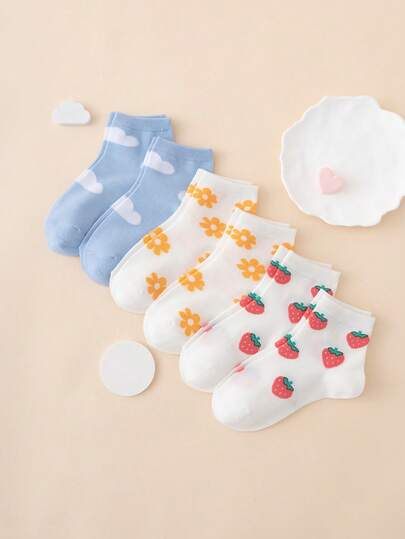 6双装彩色卡通花卉图案儿童袜，中筒袜，运动袜，四季皆宜，欧美尺码，舒适透气耐穿，色彩鲜艳，适合日常穿着，优质面料，不闷热