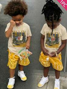 1PC T-Shirt Boys' Cotton Round Neck T-Shirt, Casual And Comfortable Spring And Summer Short-Sleeved Printed Top - Apricot - View 2