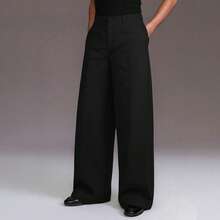 极简修身黑色阔腿裤，男士中腰褶裥宽松休闲长裤，通勤风格 - 黑色 - 查看 2