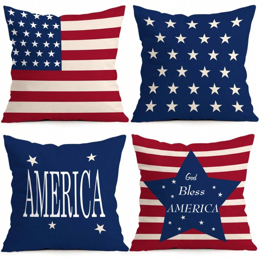 4pcs American Independence Day Patriotic Pattern Pillow Covers, Single-Sided Printed Pillow Shams, Suitable For Living Room, Bedroom, Home Decor, All Season - Multicolor - View 1