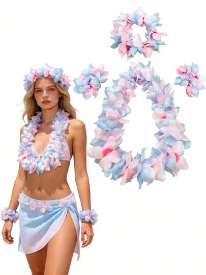 2 Sets Hawaiian Leis Flower Garland, Blue&Pink Tropical Hawaii Theme Party Flowers Necklaces For Hawaiian Themed Party, Beach Luau Party Supplies, Masquerade Beach Wedding Tropical Themed Party Supplies, Birthday Decorations, Multi-Item Party Favor Packs