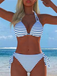 Bộ bikini hai mảnh cổ yếm in họa tiết sọc mới dành cho nữ - Nhiều màu - Xem 1
