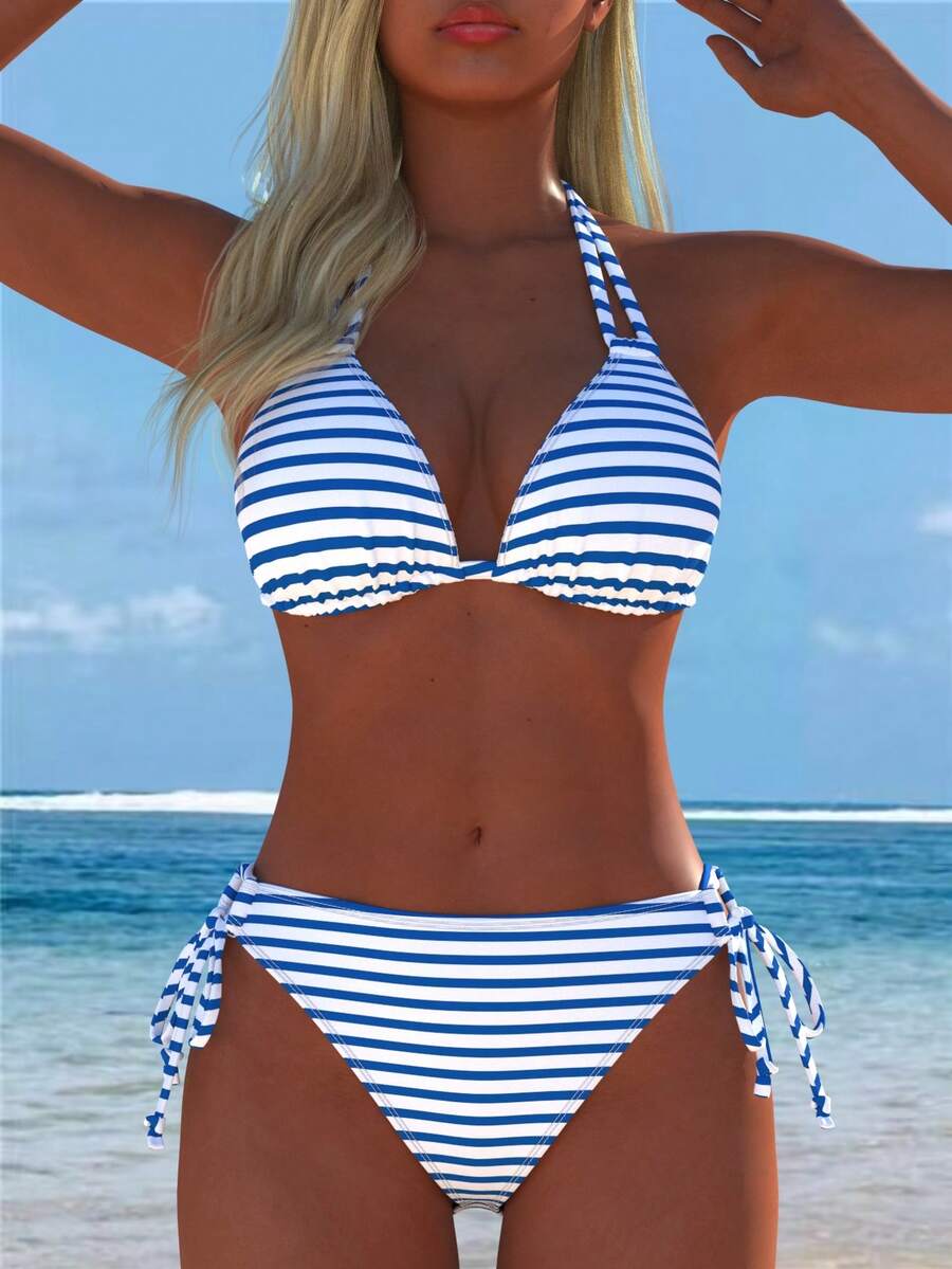 Bộ bikini hai mảnh cổ yếm in họa tiết sọc mới dành cho nữ - Nhiều màu - Xem 1