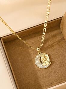 1pc 14K Gold Plated Copper Vintage Religious Personalized Cross Figaro Chain Necklace, Exquisitely Crafted With Superior Quality, Blending Sacred Elements With Fashion Design, Specially Made For Catholic First Communion And Baptism Gifts, Suitable For Various Occasions, Conveying Faith And Beauty - Yellow Gold - View 4