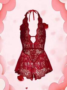 Women's Open Crotch Lace Decorated Backless Halter Neck Sexy Bodysuit With Ruffle Trim - Red - View 9