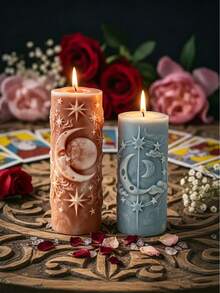 Molde de silicone para velas da série Universo Estrelas e Lua | Molde misterioso para velas de pilar estilo Tarô | Ideal para velas perfumadas / gesso / resina | Macio e fácil de desenformar | Reutilizável e lavável | Crie uma decoração com atmosfera vintage | Ideal para artesãos | Dia dos Namorados / Aniversário / Decoração para o dia a dia | Faça facilmente lindos castiçais com céu estrelado - Molde de Estrela e Lua - Ver 4