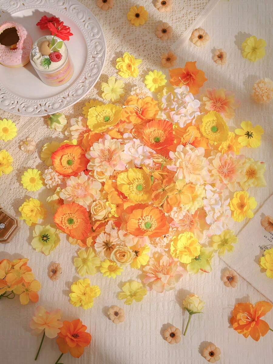 50件套橙色人造花材套装 - 人造花、仿真花、手工头饰、花环材料、婚礼花艺用品。适用于制作花环、节日和生日派对装饰、新娘腕花、家居和花店装饰、园艺装饰、母亲节装饰，全年适用。
