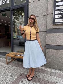 2026 Spring/Summer New Women's Light Yellow And Coffee Color Short Sleeve Round Neck Contrast Lace Knit Cardigan, Minimalist Button Design, Ribbed Texture, Essential For Back To School Season - Light Yellow Blended With Dark Coffee - View 8