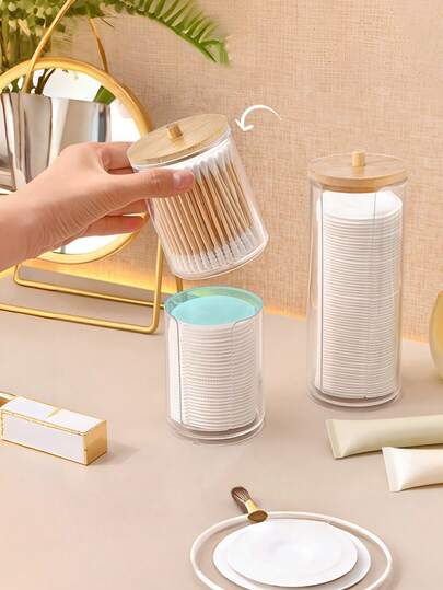 4/2/1 Pcs Bamboo Cotton Swab Storage Box, Recessed Design, Transparent Bathroom Accessory Set, Suitable For Storing Cotton Swabs, Dental Floss, Jewelry And Rubber Bands