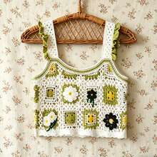 女士清新绿白格子钩边吊带背心 - 橄欖綠 - 查看 1