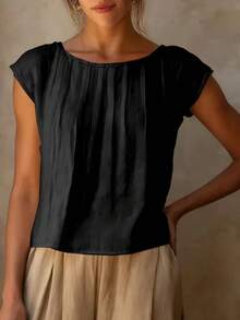 Women's Elegant Pleated Bust Design Blouse, Round Neck Shirt, Solid Color Versatile, Suitable For All Seasons, Machine Washable, Suitable For Casual Or Formal Occasions Black Summer - Black - View 2