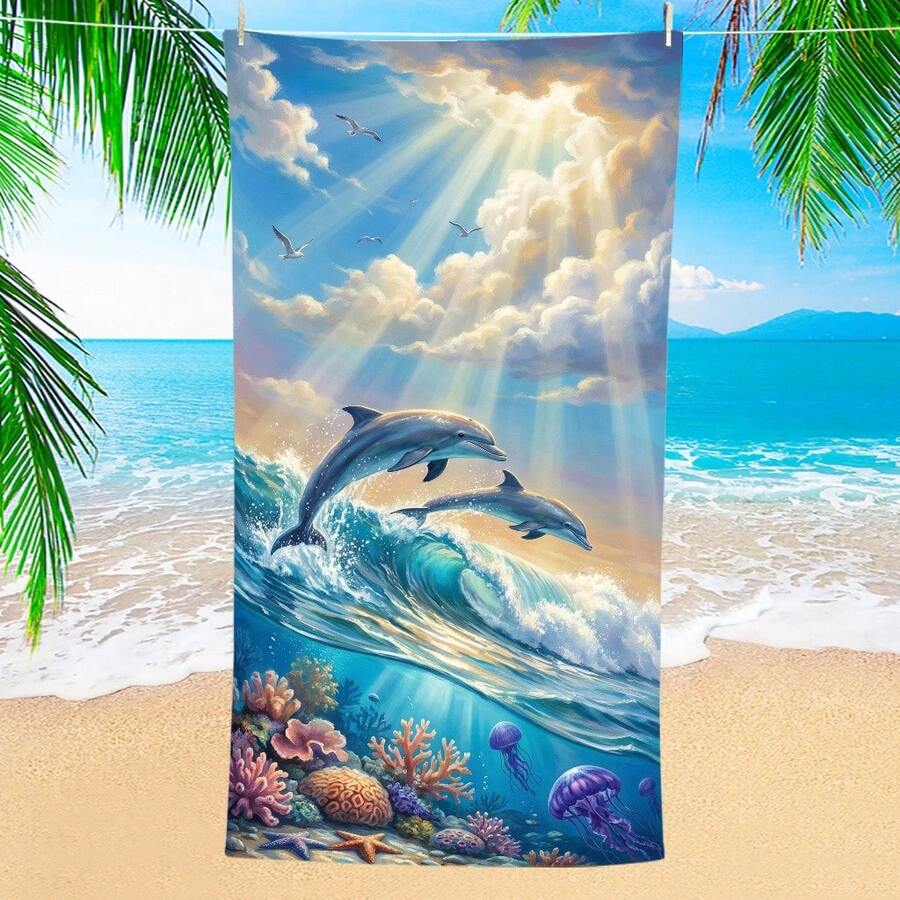 1 pieza Toalla de playa con diseño de delfín de tema oceánico, manta de playa extra grande de microfibra súper suave, toalla de baño súper absorbente, adecuada para viajes, piscina, buceo, surf, yoga, camping, disponible en varios tamaños, accesorios de playa para playa, piscina, viajes, camping, yoga - delfín - Ver 1