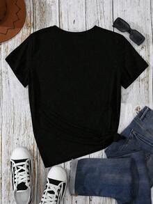 Camiseta de manga corta con estampado de dinosaurio y luna, cuello redondo, camisetas gráficas para mujer. - Negro - Ver 2