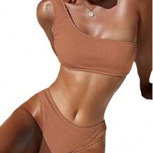 2026 Spring/Summer New Solid Color One-Shoulder Pleated Fabric Sexy High-Waisted Two-Piece Bikini - Black - View 6
