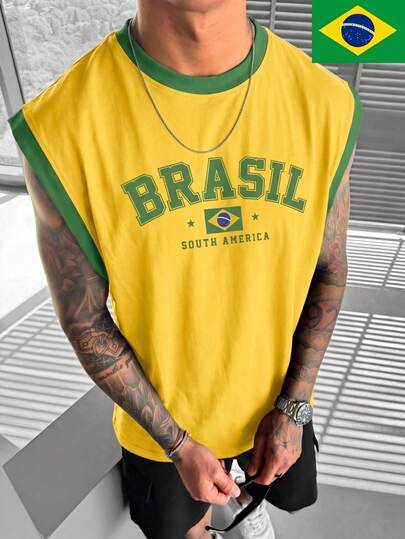 Regata Casual de Verão Masculina FRACTYR, Moda de Rua, Tema Brasil, Estampa da Bandeira Nacional com Contraste de Cores, Design Dupla Face, Caimento Solto, Estilo Hip Hop Americano, Respirável e Amigável à Pele