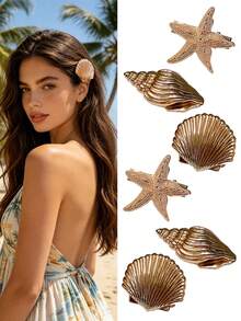 6/3pcs Estrela-do-mar, Concha, Búzio Dourados, Clipes de Cabelo, Estilo Boémio, Acessórios de Cabelo para Mulher, Adequado para Uso Casual, Havaí, Férias na Praia, Acessórios de Férias de Verão, Viagem, Aniversário, Clipes de Garra - Ouro - Ver 2