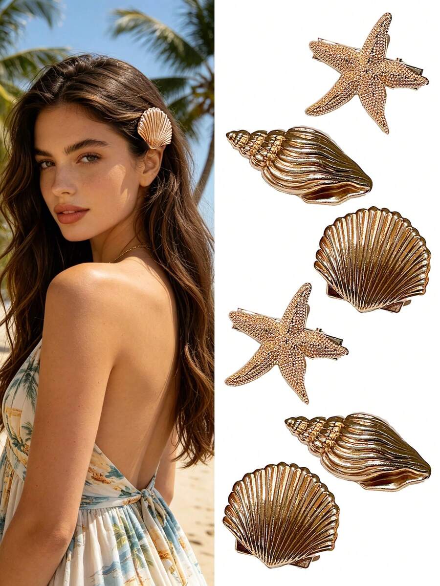 6/3pcs Estrela-do-mar, Concha, Búzio Dourados, Clipes de Cabelo, Estilo Boémio, Acessórios de Cabelo para Mulher, Adequado para Uso Casual, Havaí, Férias na Praia, Acessórios de Férias de Verão, Viagem, Aniversário, Clipes de Garra