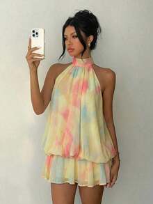 Vestido mini elegante de mujer con cuello halter y lazo en color amarillo claro - Amarillo claro 2 - Ver 4