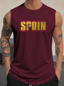 Spain Flag Patriotic Letter Print Men's Tank Top, Casual Sleeveless Athletic Tank Top, Breathable Comfy Tops,Beach Tank Top,Gift For Boyfiend - 深紅色 - 查看 1