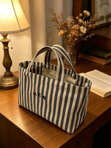 Casual Minimalist Letter Canvas Tote Bag, Striped Pattern Handbag, High Cost-Effective For Outdoor Shopping, Fashion Versatile Suitable For Moms, Students, Office Workers - Grey - View 9