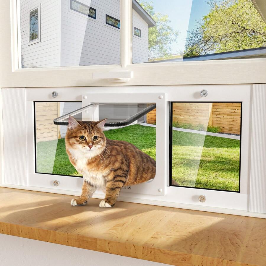 WHIFFEE Large Cat Door For Window, Lockable Pet Screen Door With 4 Way Lock, Weatherproof Dog Door For Sliding Glass Window, Suitable For Cats And Small Dogs Up To 25 Lbs - White - View 1