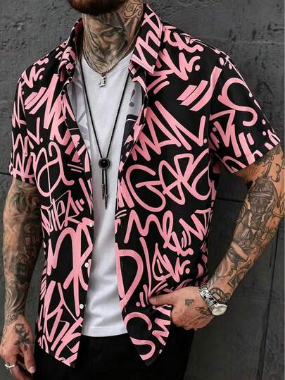 Men's Casual Short Sleeve Shirt, Summer Letter Print In White & Black