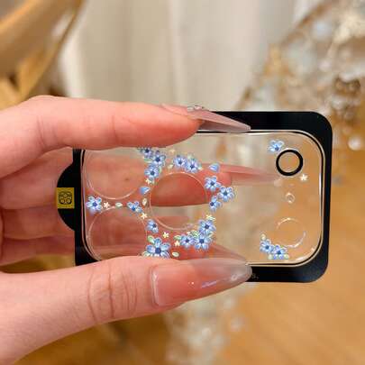 Pegatinas DIY con pequeñas flores azules + Protector de lente, compatible con Apple 17 Pro Max/17 Pro Lens Film, compatible con funda protectora transparente de cobertura completa para Apple 17 Pro, con protector de pantalla de cámara trasera de vidrio templado de metal