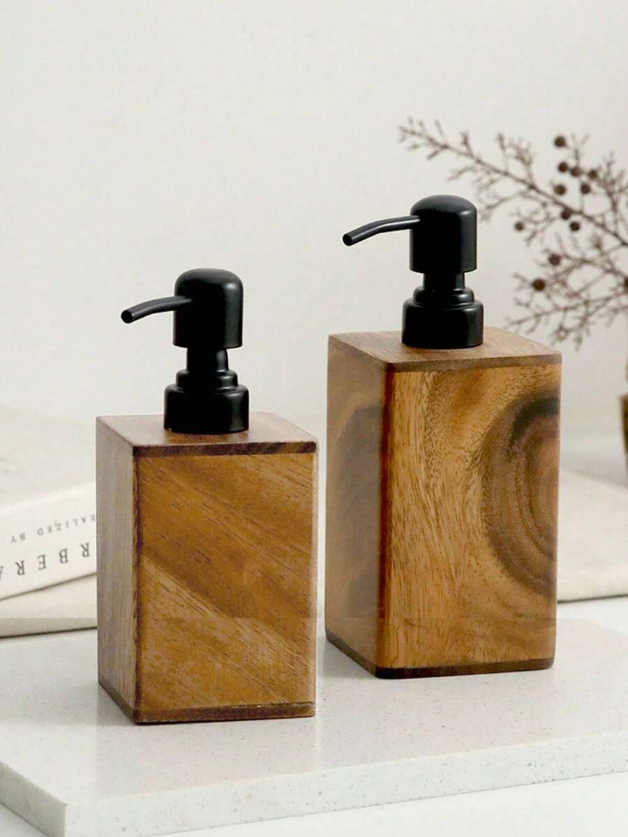 1pc Walnut Wood Refillable Bottle, Wooden Pump Lotion Bottle, Shower Gel Shampoo Storage Bottle, Empty Liquid Soap Dispenser