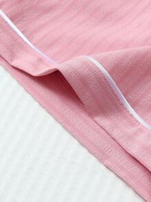 2pcs Comfortable Striped Print Short Sleeve Polo Collar Top And Bow Shorts Pajama Set For Women, Spring/Summer - Pink - View 7