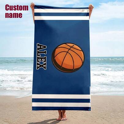 Customized Name Sports Beach Towel, Personalized Quick-Dry Super Soft Polyester, Modern Style With Care Instructions, Oval Shape, Ideal For Beach, Swimming, Camping, Outdoor Travel