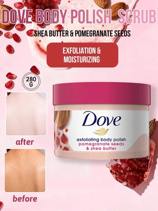  Dove Body Scrub, Gently Exfoliates, Deep Cleanses, Improves Skin Texture, Infused With Pomegranate Seed Extract And Shea Butter Esters, Added With 1/4 Dove Nourishing Cream, Moisturizes And Soothes Skin, Releases Pleasant Fragrance, Relieves Dryness, Enhances Skin Elasticity, Brightens Complexion, Suitable For Dry, Rough, Dull Skin Needing Care, Can Be Used For Bathing, Home Care, And Travel.
