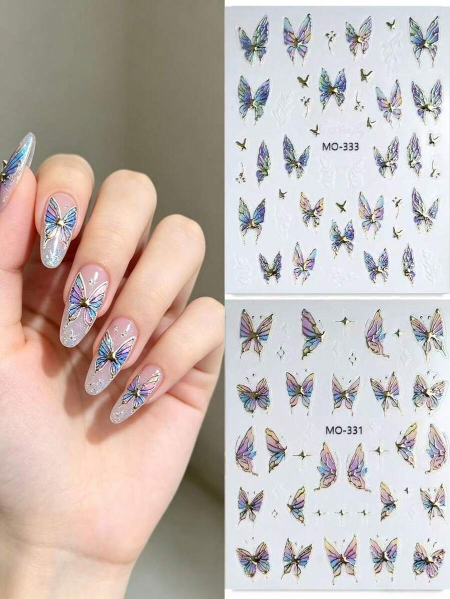 1 Sheet Holographic Aurora Butterfly Nail Stickers! Self-Luminous Iridescent Luster, Gilded Lines Outline Graceful Butterflies, Decorated With Sparkling Star Elements, Easily Create A Delicate And Luxurious Manicure Atmosphere, Even Beginners Can Achieve A Refined Look, Unlock The Ethereal Shattered Fairy Aesthetic! - Multicolor - View 1