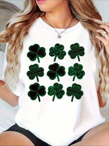 St. Patrick's Day Lucky Clover Shamrock Print Crewneck Short Sleeve T-Shirt, 220g Premium, 100% Pure Cotton, S-XXL Sizes, Loose Version, Unisex Couple Matching Casual Holiday Tops, Daily Party Casual Outfits, Mother's Day & Victoria Day Holiday Clothes, Spring Layering Basic Tee - White - View 6