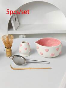 1pc/2pcs/4pcs/5pcs/8pcs Set New Pink Embossed Heart Matcha Bowl Tea Set, Highly Attractive Heart-Shaped Spout Bowl, Matcha Tool Combination Including Matcha Bowl, Whisk And Holder, Bamboo Scoop, Sieve, Suitable For Matcha Lovers And Beginners, Great Gift, Mother's Day Gift, Gift For Elders - Multicolor - View 14